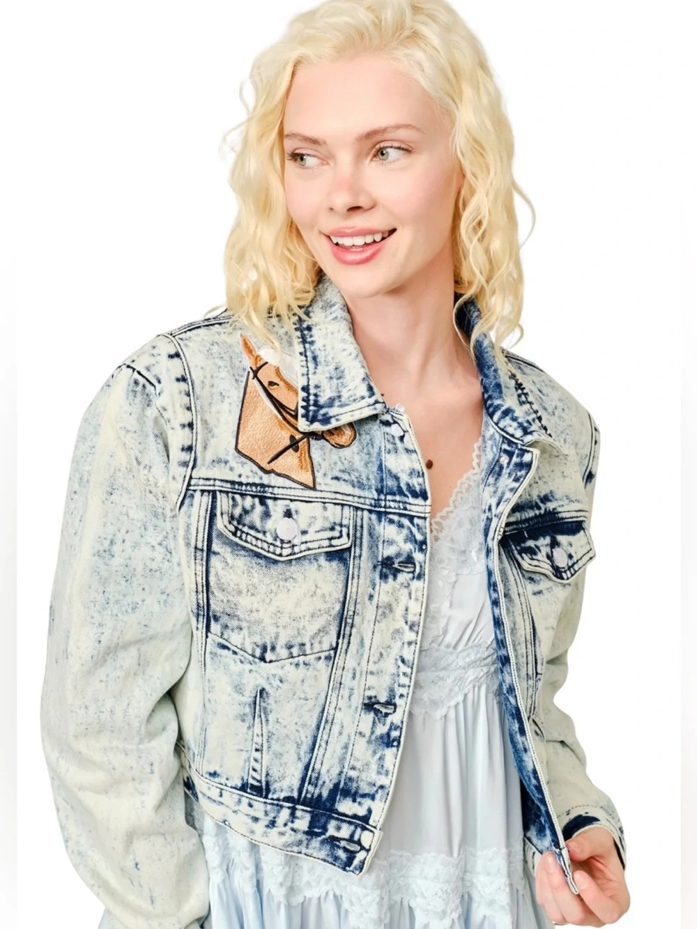 NEW Blue b Washed Denim Western Embroidered Horse Patches Western Jean Jacket - Picture 3 of 7